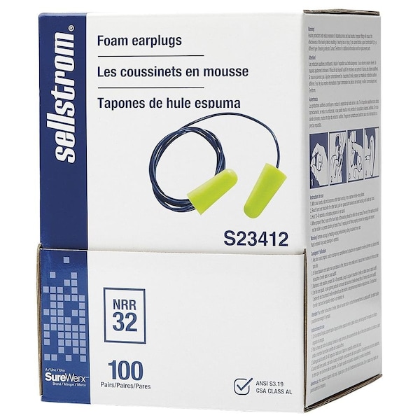 Ear Plugs with Dispenser, Polyurethane Foam, Bullet, Corded, 100 Pairs Per Pkg